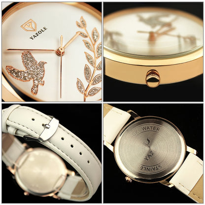 YAZOLE 360 Leather Band Dove of Peace Diamond Lady Watch