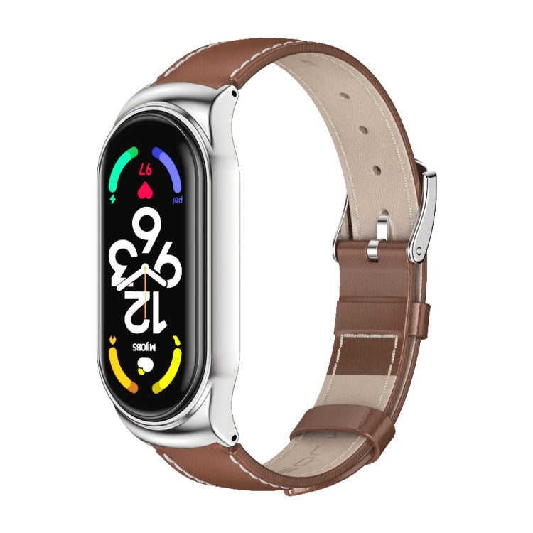 MIJOBS CS Metal Case Genuine Leather Top Layer Cowhide Watch Band, For Xiaomi Mi Band 7 / 7 NFC