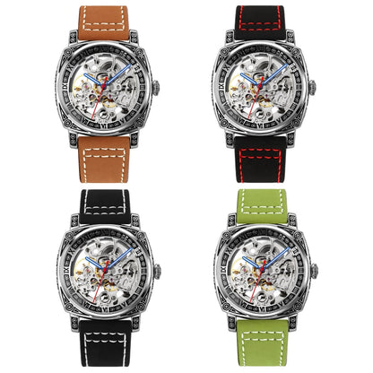 SKMEI 9271 Montre mécanique étanche à bracelet en cuir et boucle en acier inoxydable