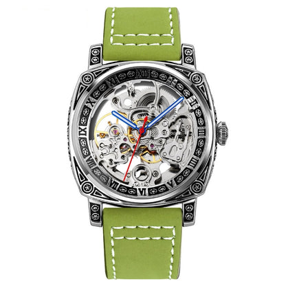 SKMEI 9271 Montre mécanique étanche à bracelet en cuir et boucle en acier inoxydable