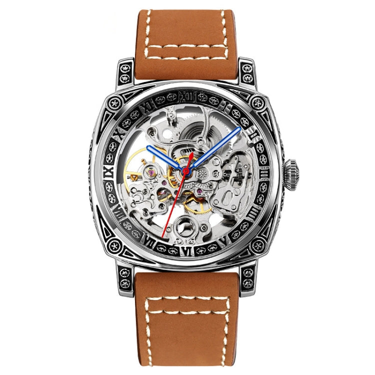 SKMEI 9271 Montre mécanique étanche à bracelet en cuir et boucle en acier inoxydable