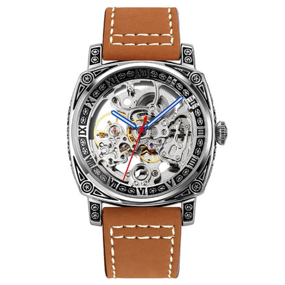 SKMEI 9271 Montre mécanique étanche à bracelet en cuir et boucle en acier inoxydable