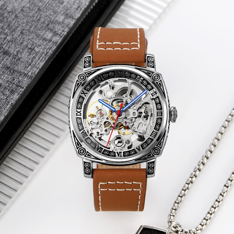 SKMEI 9271 Montre mécanique étanche à bracelet en cuir et boucle en acier inoxydable