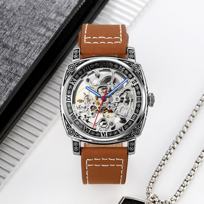 SKMEI 9271 Montre mécanique étanche à bracelet en cuir et boucle en acier inoxydable