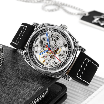 SKMEI 9271 Montre mécanique étanche à bracelet en cuir et boucle en acier inoxydable