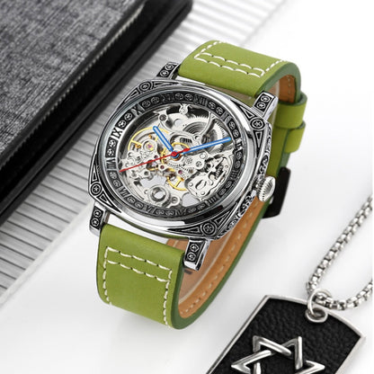 SKMEI 9271 Montre mécanique étanche à bracelet en cuir et boucle en acier inoxydable