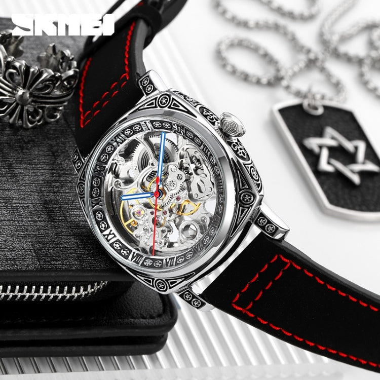 SKMEI 9271 Montre mécanique étanche à bracelet en cuir et boucle en acier inoxydable