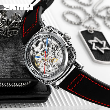 SKMEI 9271 Montre mécanique étanche à bracelet en cuir et boucle en acier inoxydable