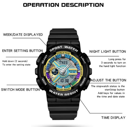 Montre électronique étanche lumineuse double affichage Sanda 3137 avec bracelet en TPU