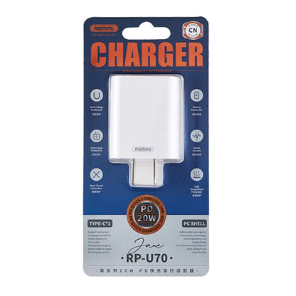REMAX RP-U70 Jane Series 20W USB-C/Type-C PD Fast Charger, CN Plug, UK Plug, US Plug
