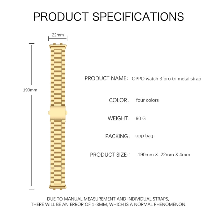 Three-bead Flat Buckle Stainless Steel Watch Band, For OPPO Watch 3 Pro, For OPPO Watch 3