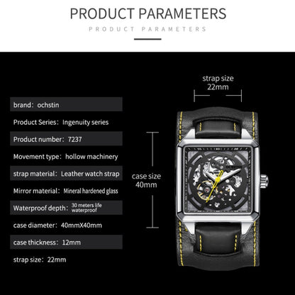 Ochstin 7237 Business Leather Wrist Wrist Waterproof Luminous Skeleton Mechanical Watch