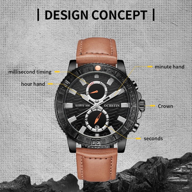 Montre Homme Multifonctionnelle à Quartz Lumineuse en Cuir Véritable Ochstin 6045A