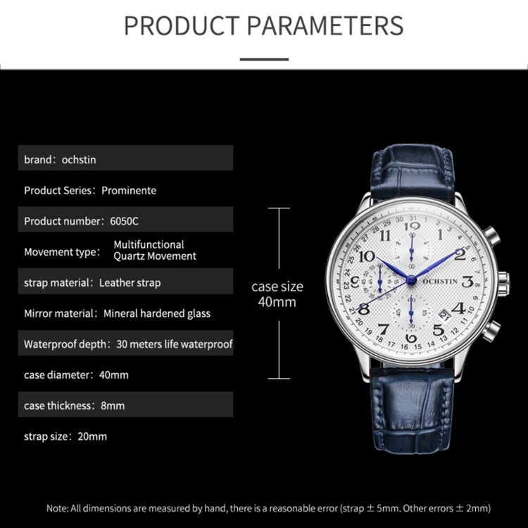 Montre homme multifonction à quartz en cuir, Ochstin 6050C