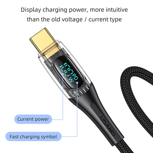 USAMS Type-C to Type-C PD100W Aluminum Alloy Transparent Digital Display Fast Charge Data Cable, 1.2m, Type-C to Type-C