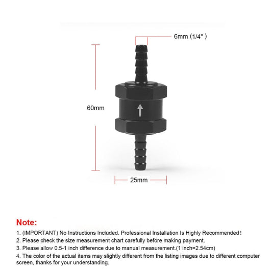 Car  Aluminium Alloy Fuel Petrol One Way Non Return Check Valve, 6mm Black, 8mm Black, 10mm Black, 12mm Black