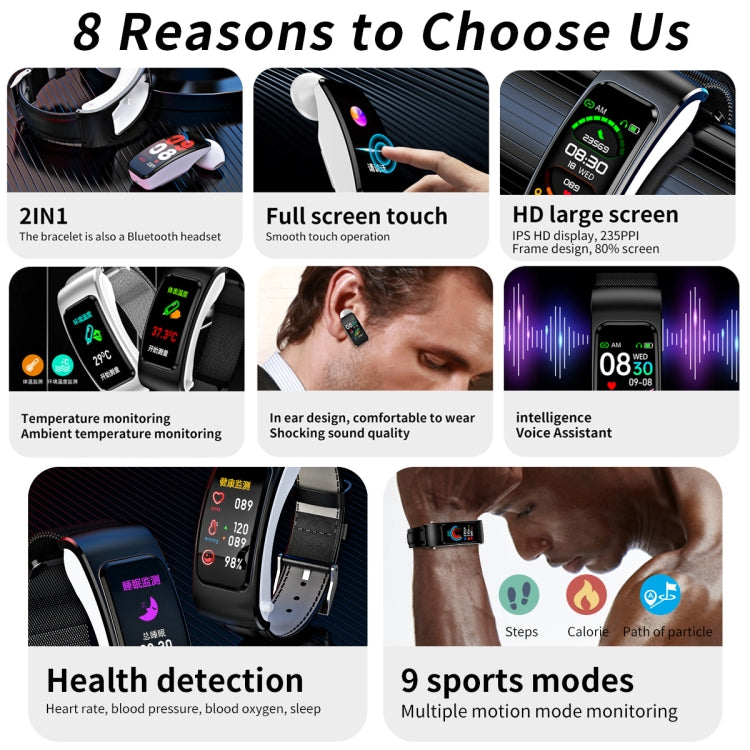 Montre intelligente étanche K60 de 1,08 pouce avec bracelet en cuir et écouteur détachable, prenant en charge les appels Bluetooth, bracelet en cuir (noir argent), bracelet en cuir (noir), bracelet en cuir (marron argent)