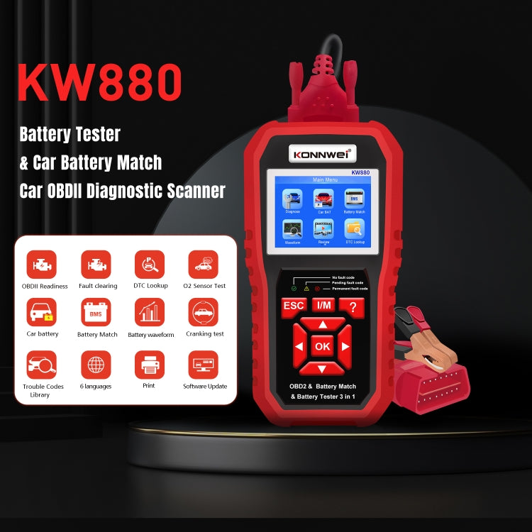 KONNWEI KW880 3 en 1 Diagnostic de panne voiture OBD2 + Testeur de batterie + Réinitialisation de l'appariement de batterie, BK880