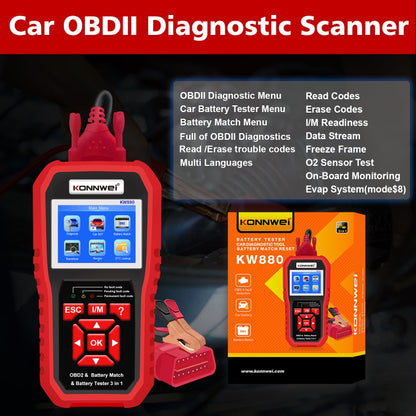 KONNWEI KW880 3 en 1 Diagnostic de panne voiture OBD2 + Testeur de batterie + Réinitialisation de l'appariement de batterie, BK880