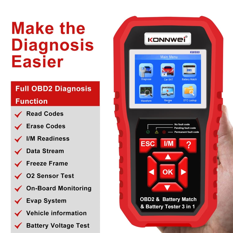 KONNWEI KW880 3 en 1 Diagnostic de panne voiture OBD2 + Testeur de batterie + Réinitialisation de l'appariement de batterie, BK880