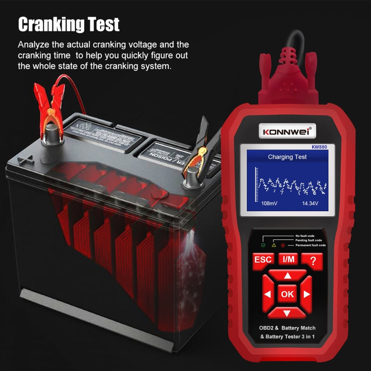 KONNWEI KW880 3 en 1 Diagnostic de panne voiture OBD2 + Testeur de batterie + Réinitialisation de l'appariement de batterie, BK880