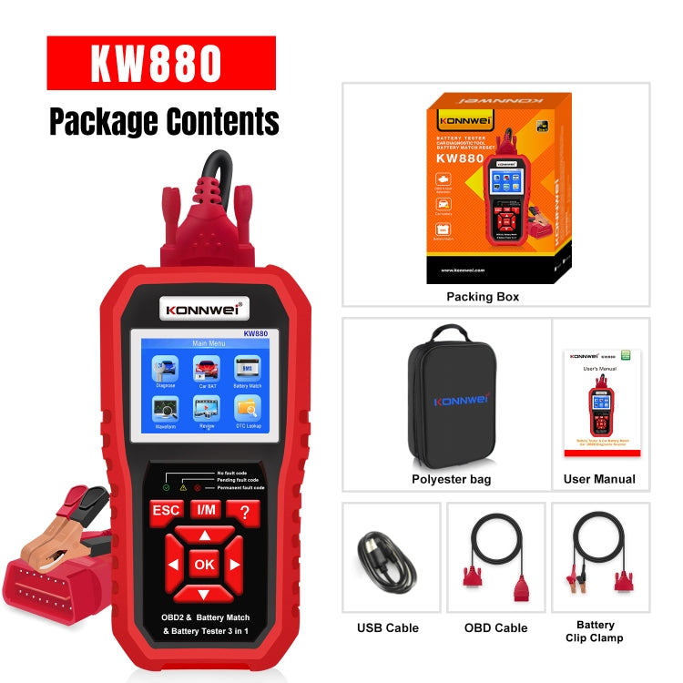 KONNWEI KW880 3 en 1 Diagnostic de panne voiture OBD2 + Testeur de batterie + Réinitialisation de l'appariement de batterie, BK880