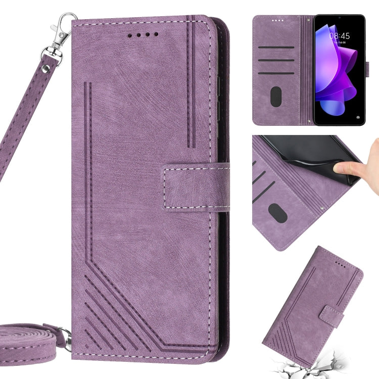 Skin Feel Stripe Pattern Leather Phone Case with Lanyard, For Tecno Spark Go 2023 / Pop 7 Pro, For Tecno Spark Go 2022 / Spark 8C, For Tecno Spark Go 2020 / Spark 6 Go, For Tecno Spark 9T, For Tecno Spark 9 Pro, For Tecno Pova Neo 2, For Tecno Pova Neo...