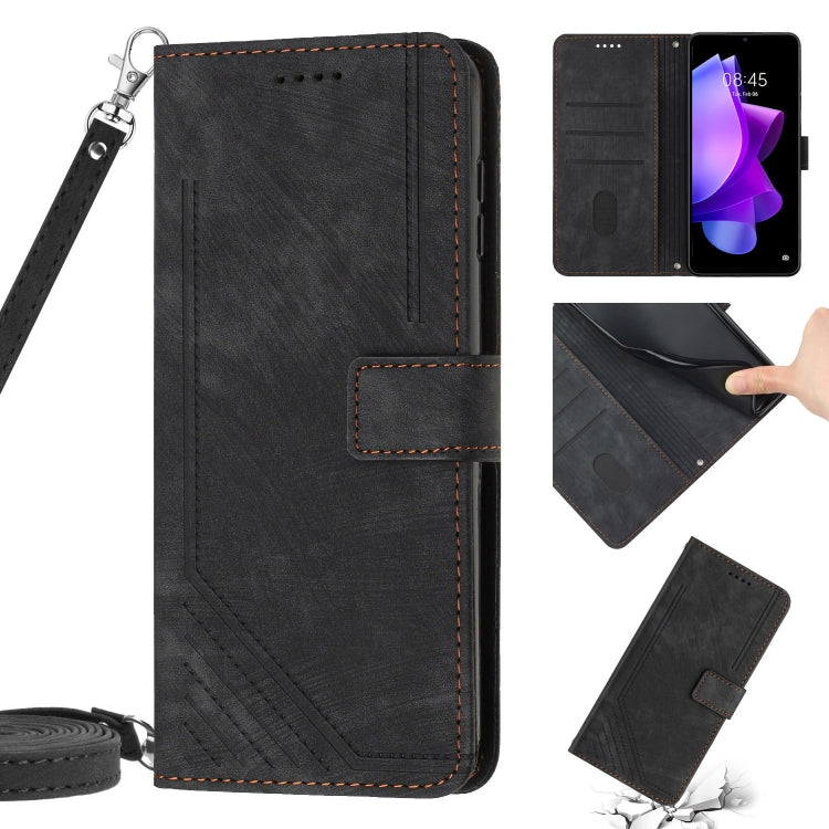 Skin Feel Stripe Pattern Leather Phone Case with Lanyard, For Tecno Spark Go 2023 / Pop 7 Pro, For Tecno Spark Go 2022 / Spark 8C, For Tecno Spark Go 2020 / Spark 6 Go, For Tecno Spark 9T, For Tecno Spark 9 Pro, For Tecno Pova Neo 2, For Tecno Pova Neo...
