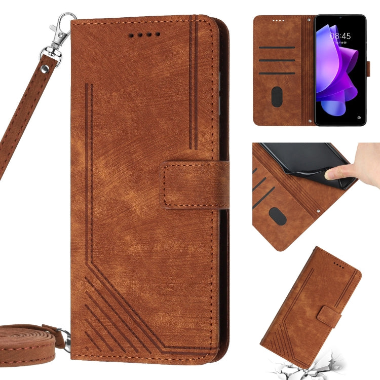 Skin Feel Stripe Pattern Leather Phone Case with Lanyard, For Tecno Camon 18 / 18 P, For Tecno Camon 17P / 17 Pro