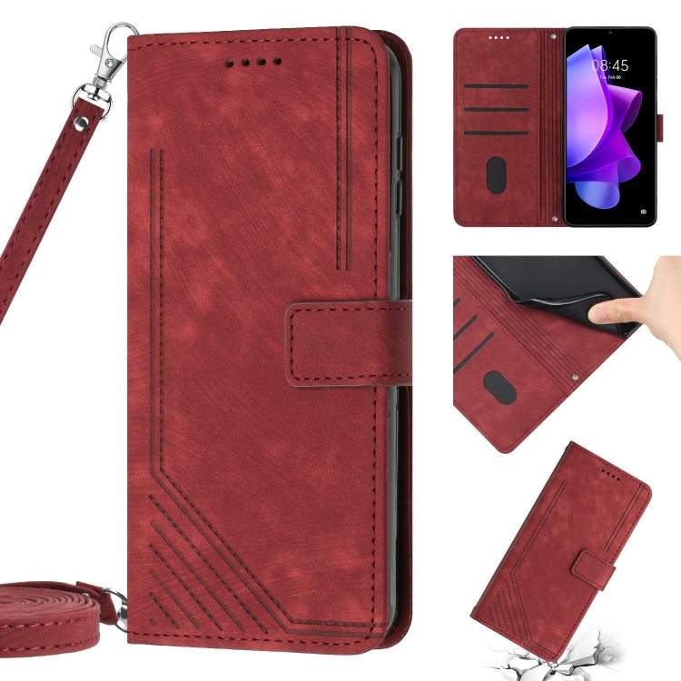 Skin Feel Stripe Pattern Leather Phone Case with Lanyard, For Tecno Camon 18 / 18 P, For Tecno Camon 17P / 17 Pro