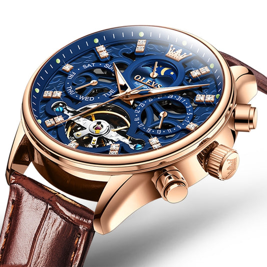 OLEVS 6658 Men Luminous Waterproof Leather Strap Mechanical Watch
