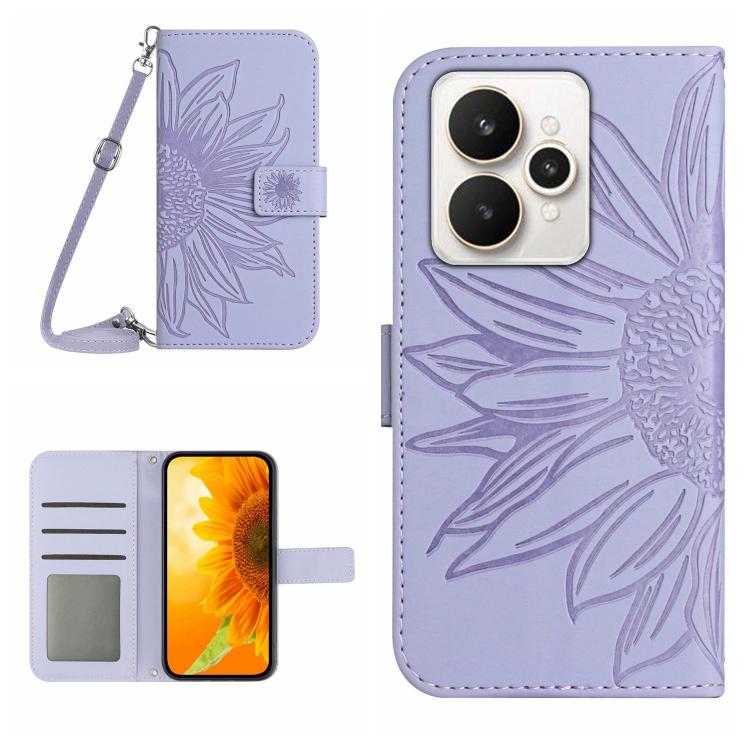 Skin Feel Sun Flower Embossed Flip Leather Phone Case with Lanyard, For Realme C100 4G, For Realme C83 5G, For Realme 16 Pro+ 5G, For Realme C85 5G, For Realme C85 Pro 4G, For Realme 15T 5G, For Realme 15 5G Global / 15 Pro 5G Global, For Realme C71 4G...