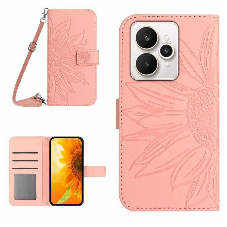Skin Feel Sun Flower Embossed Flip Leather Phone Case with Lanyard, For Realme C100 4G, For Realme C83 5G, For Realme 16 Pro+ 5G, For Realme C85 5G, For Realme C85 Pro 4G, For Realme 15T 5G, For Realme 15 5G Global / 15 Pro 5G Global, For Realme C71 4G...