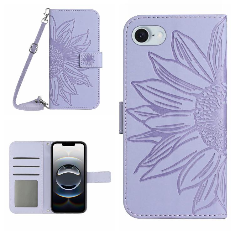 Skin Feel Sun Flower Embossed Flip Leather Phone Case with Lanyard, For iPhone 17e / 16e, For iPhone 17 Pro Max, For iPhone 17 Pro, For iPhone 17, For iPhone Air, For iPhone 16 Pro Max, For iPhone 16 Pro, For iPhone 16 Plus, For iPhone 16