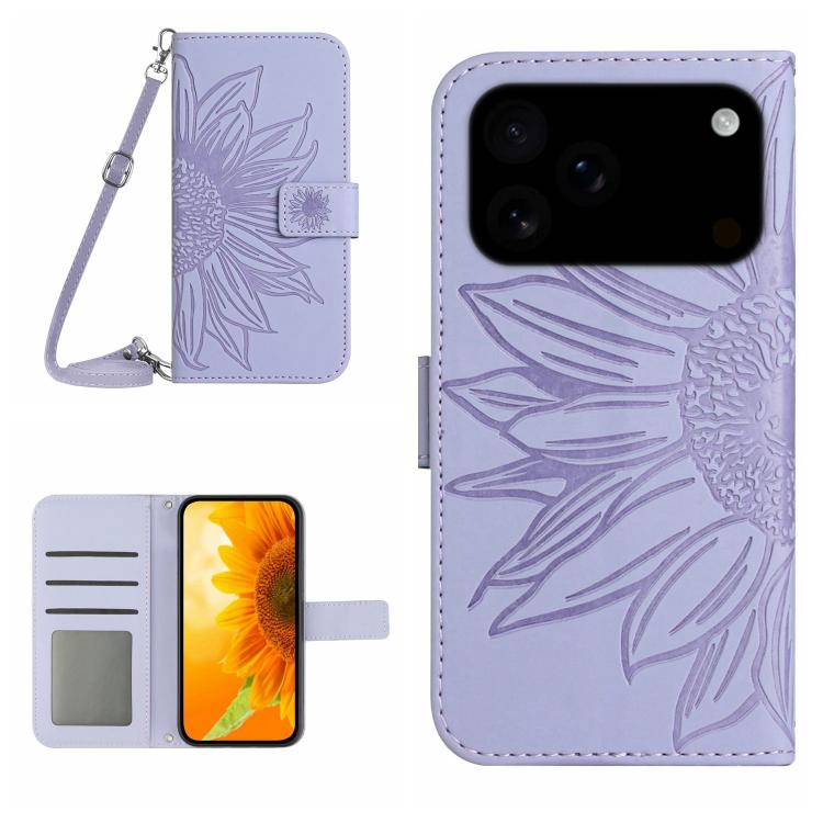 Skin Feel Sun Flower Embossed Flip Leather Phone Case with Lanyard, For iPhone 17e / 16e, For iPhone 17 Pro Max, For iPhone 17 Pro, For iPhone 17, For iPhone Air, For iPhone 16 Pro Max, For iPhone 16 Pro, For iPhone 16 Plus, For iPhone 16