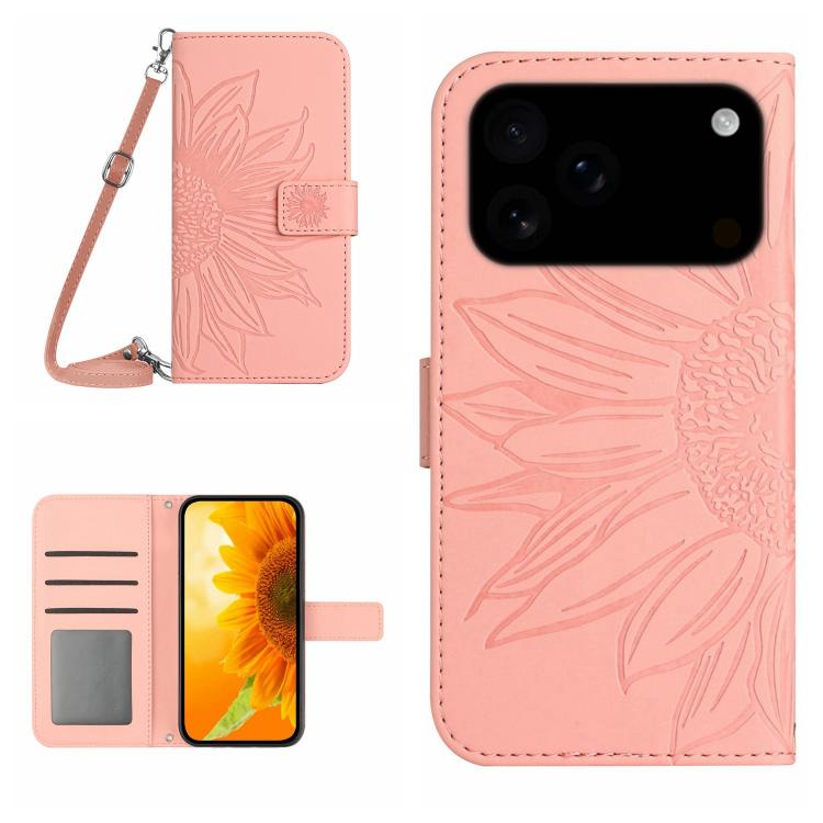 Skin Feel Sun Flower Embossed Flip Leather Phone Case with Lanyard, For iPhone 17e / 16e, For iPhone 17 Pro Max, For iPhone 17 Pro, For iPhone 17, For iPhone Air, For iPhone 16 Pro Max, For iPhone 16 Pro, For iPhone 16 Plus, For iPhone 16