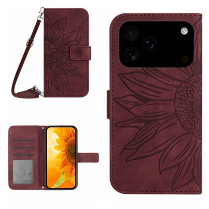Skin Feel Sun Flower Embossed Flip Leather Phone Case with Lanyard, For iPhone 17e / 16e, For iPhone 17 Pro Max, For iPhone 17 Pro, For iPhone 17, For iPhone Air, For iPhone 16 Pro Max, For iPhone 16 Pro, For iPhone 16 Plus, For iPhone 16