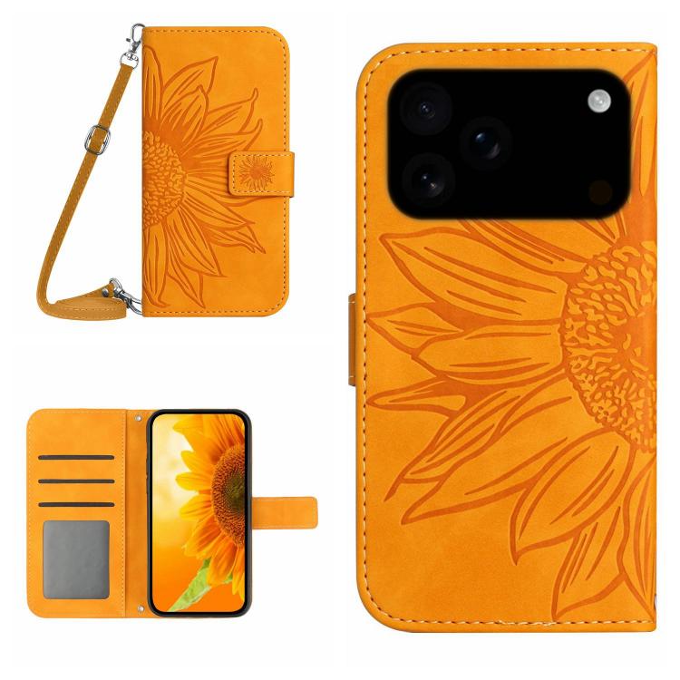 Skin Feel Sun Flower Embossed Flip Leather Phone Case with Lanyard, For iPhone 17e / 16e, For iPhone 17 Pro Max, For iPhone 17 Pro, For iPhone 17, For iPhone Air, For iPhone 16 Pro Max, For iPhone 16 Pro, For iPhone 16 Plus, For iPhone 16
