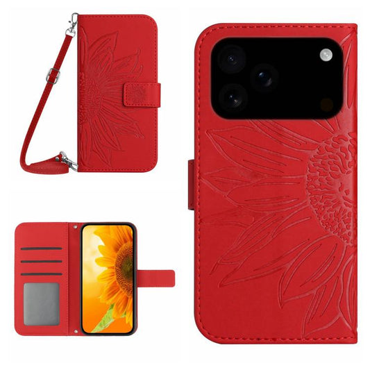 Skin Feel Sun Flower Embossed Flip Leather Phone Case with Lanyard, For iPhone 18 Pro / 17 Pro, For iPhone 18 Pro Max / 17 Pro Max, For iPhone 17e / 16e, For iPhone 17, For iPhone Air, For iPhone 16 Pro Max, For iPhone 16 Pro, For iPhone 16 Plus