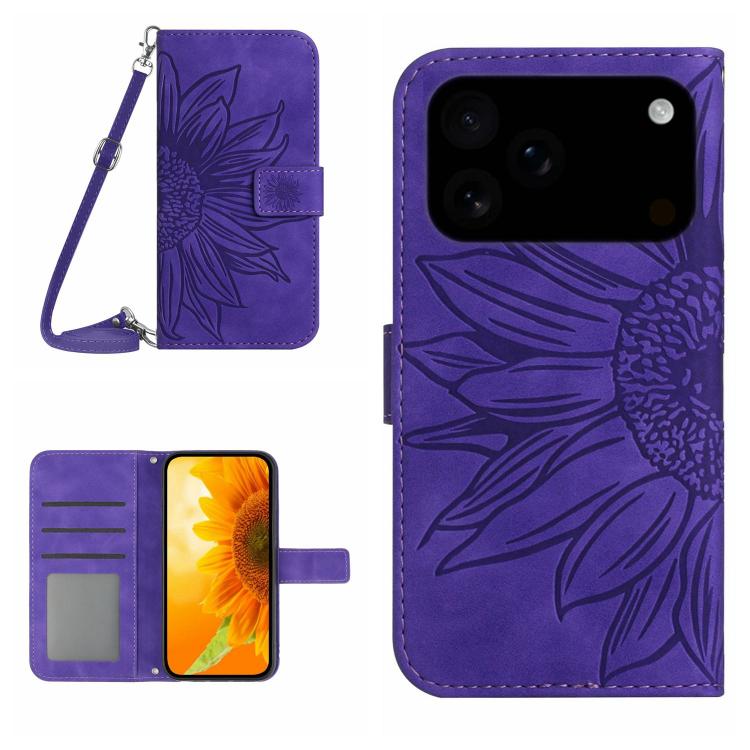 Skin Feel Sun Flower Embossed Flip Leather Phone Case with Lanyard, For iPhone 18 Pro / 17 Pro, For iPhone 18 Pro Max / 17 Pro Max, For iPhone 17e / 16e, For iPhone 17, For iPhone Air, For iPhone 16 Pro Max, For iPhone 16 Pro, For iPhone 16 Plus       ...
