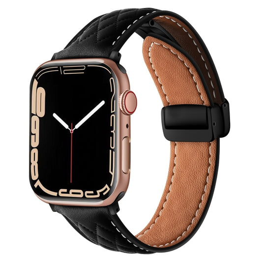 Folding Buckle Rhombus Leather Watch Band, For Apple Watch Ultra 49mm, For Apple Watch SE 2023 44mm, For Apple Watch SE 2023 40mm, For Apple Watch 8 41mm, For Apple Watch Ultra 2 49mm, For Apple Watch 8 45mm, For Apple Watch 9 45mm                     ...