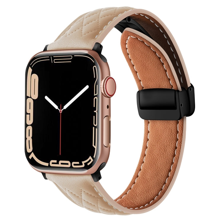 Folding Buckle Rhombus Leather Watch Band, For Apple Watch SE 2023 44mm, For Apple Watch Ultra 49mm, For Apple Watch SE 2023 40mm, For Apple Watch 8 41mm, For Apple Watch Ultra 2 49mm, For Apple Watch 8 45mm, For Apple Watch 9 45mm                     ...