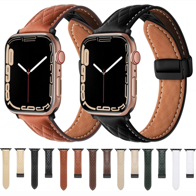Folding Buckle Rhombus Leather Watch Band, For Apple Watch Ultra 49mm, For Apple Watch SE 2023 44mm, For Apple Watch SE 2023 40mm, For Apple Watch 8 41mm, For Apple Watch Ultra 2 49mm, For Apple Watch 8 45mm, For Apple Watch 9 45mm                     ...