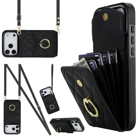 Rhombic Texture Card Bag Phone Case with Long Lanyard, For iPhone 18 Pro / 17 Pro, For iPhone 18 Pro Max / 17 Pro Max, For iPhone 17e / 16e, For iPhone 17, For iPhone Air, For iPhone 15 Pro Max, For iPhone 15 Pro, For iPhone 15 Plus, For iPhone 15