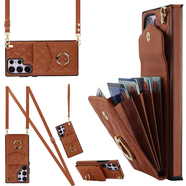 Rhombic Texture Card Bag Phone Case with Long Lanyard, For Samsung Galaxy S26+ 5G, For Samsung Galaxy S26 Ultra 5G, For Samsung Galaxy S26 5G, For Samsung Galaxy S25 Edge 5G, For Samsung Galaxy S24 Ultra 5G, For Samsung Galaxy S24+ 5G                  ...