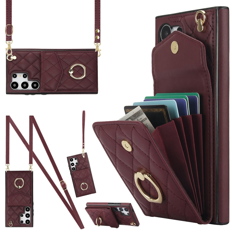 Rhombic Texture Card Bag Phone Case with Long Lanyard, For Samsung Galaxy S26+ 5G, For Samsung Galaxy S26 Ultra 5G, For Samsung Galaxy S26 5G, For Samsung Galaxy S25 Edge 5G, For Samsung Galaxy S24 Ultra 5G, For Samsung Galaxy S24+ 5G                  ...