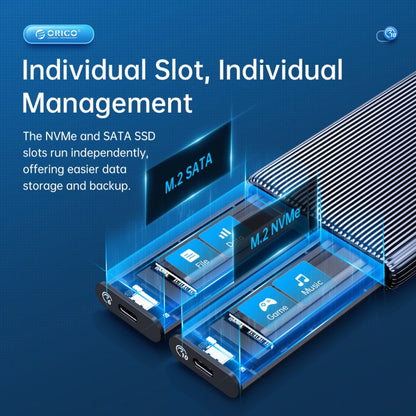 ORICO AM2C3-2SN Dual-bay M.2 NVME + SATA SSD Enclosure, AM2C3-2SN