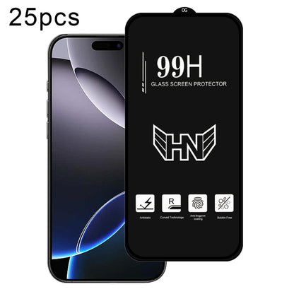 25pcs High Aluminum Large Arc Full Screen Tempered Glass Film, For iPhone 17 Pro Max, For iPhone 17 Pro, For iPhone 17, For iPhone Air, For iPhone 16 Pro Max, For iPhone 16 Pro, For iPhone 16 Plus, For iPhone 16, For iPhone 15 Pro Max, For iPhone 15 Pr...