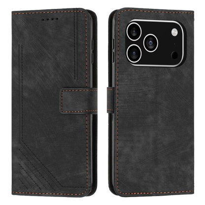 Skin Feel Stripe Pattern Leather Phone Case with Lanyard