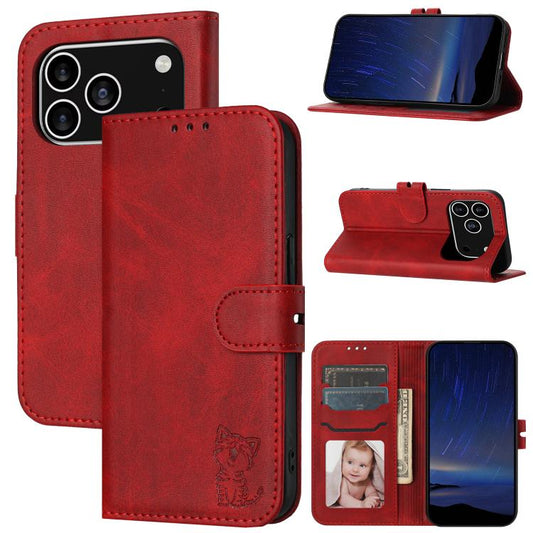 Embossed Happy Cat Pattern Flip Leather Phone Case, For iPhone 18 Pro / 17 Pro, For iPhone 18 Pro Max / 17 Pro Max, For iPhone 17e / 16e, For iPhone 17, For iPhone Air, For iPhone 16 Pro Max, For iPhone 16 Pro, For iPhone 16, For iPhone 15 Pro Max     ...